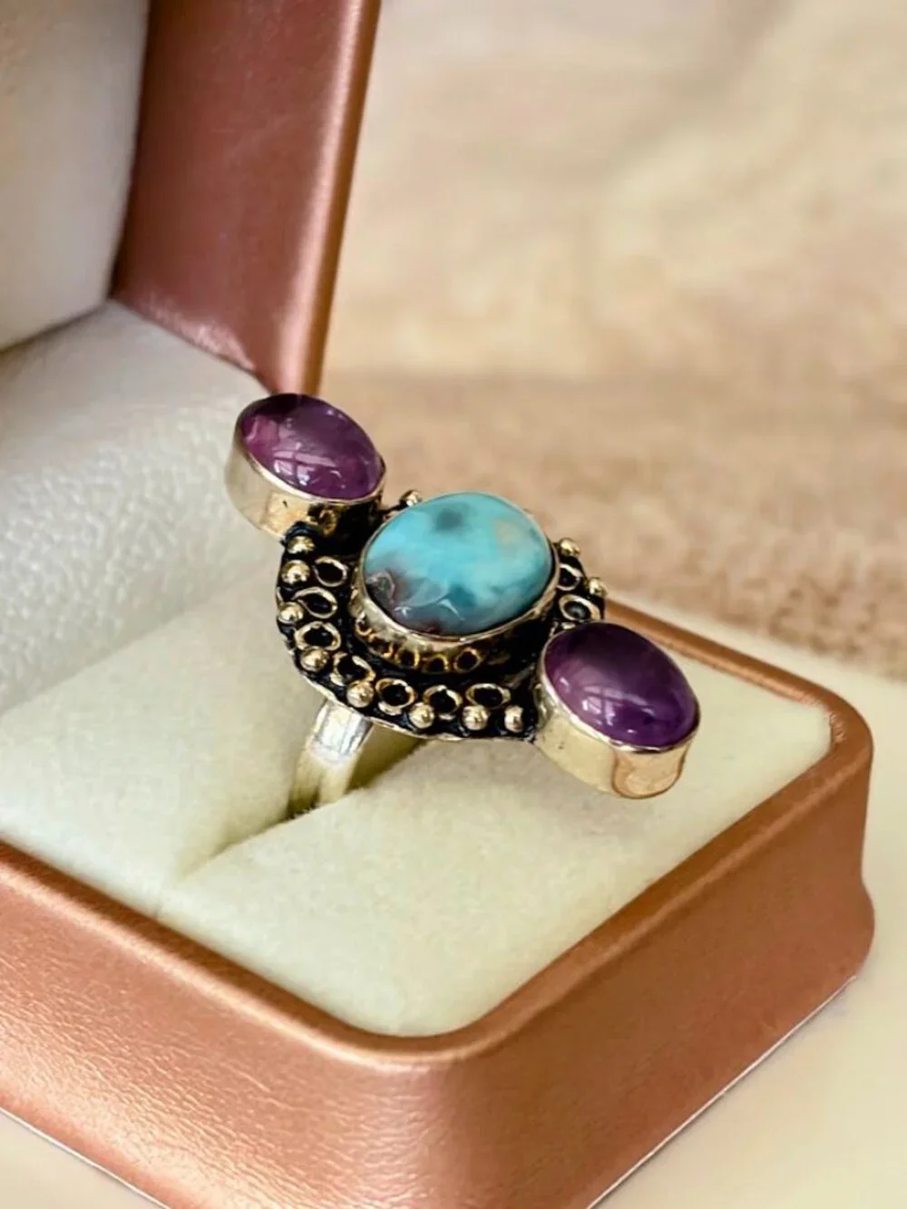 Larimar and Amethyst Tri-Stone Statement Ring 925 Silver Plated - Size 6.75